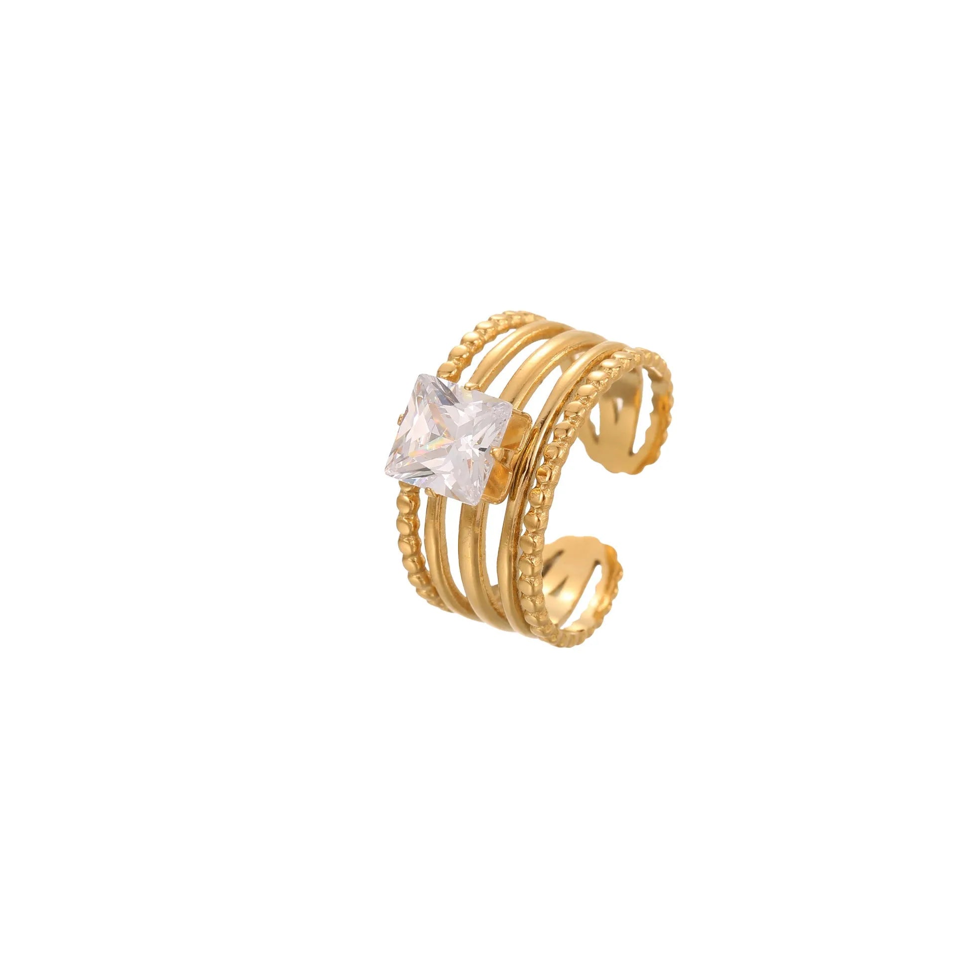 Gold inlaid zircon stainless steel geometric ring with heart and drop shapes