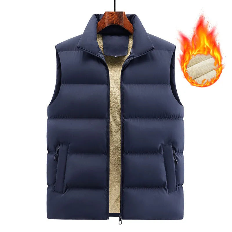 Men's striped lambswool vest in black, dark blue, or red, available in sizes from M to 5XL.