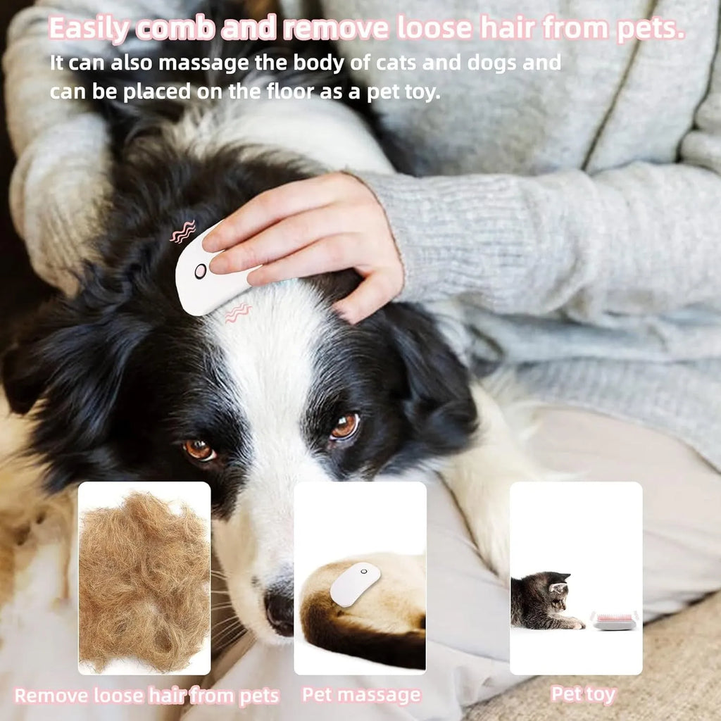 Pink handheld electric pet massage brush with soft white teeth on a table.