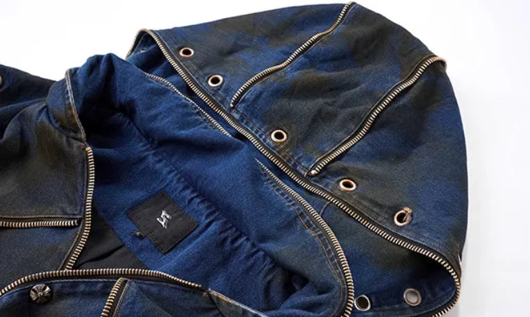 Blue heavy industry deconstructed hooded denim vest coat with matching trousers, Korean style, zipper front