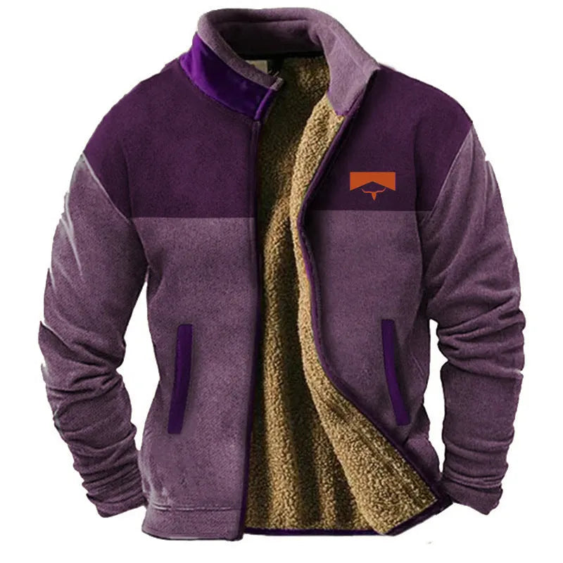 Men's green polyester padded coat on a hanger, regular length