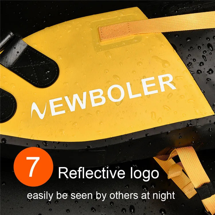 Waterproof PVC bicycle tail bag in yellow, black, or green, showing 13L capacity and dimensions.