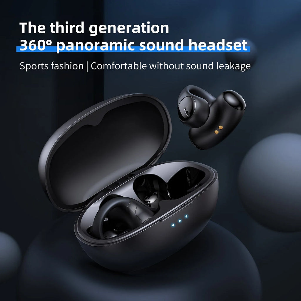 Black T306 wireless clip-on Bluetooth sports headset shown on a grey background.
