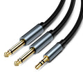 3.5mm to two 6.35mm male audio splitter cable with black cord and metal connectors