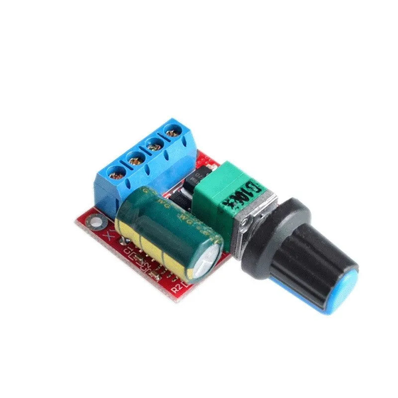 PWM DC motor speed governor module on a white background showing knob, terminals, and compact size.