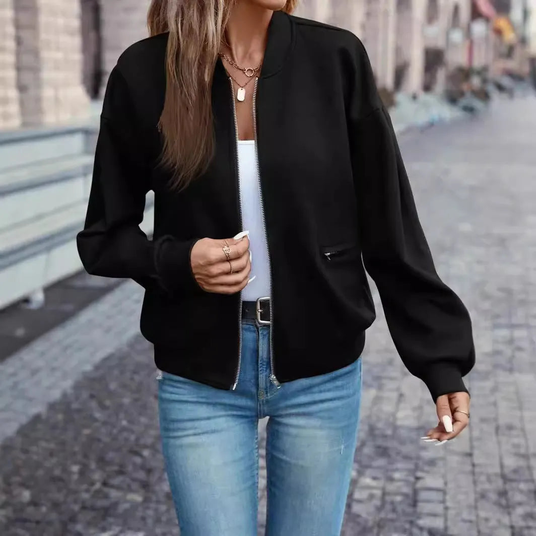 Black faux pocket zip jacket for women with long sleeves and casual Japanese Korean style in solid color