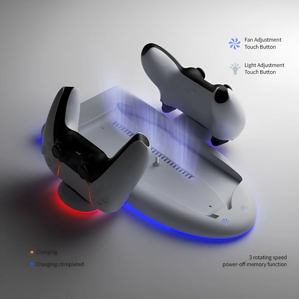 White PS5 Slim multifunction charging base with cooling fan, controller dock, and RGB lights.