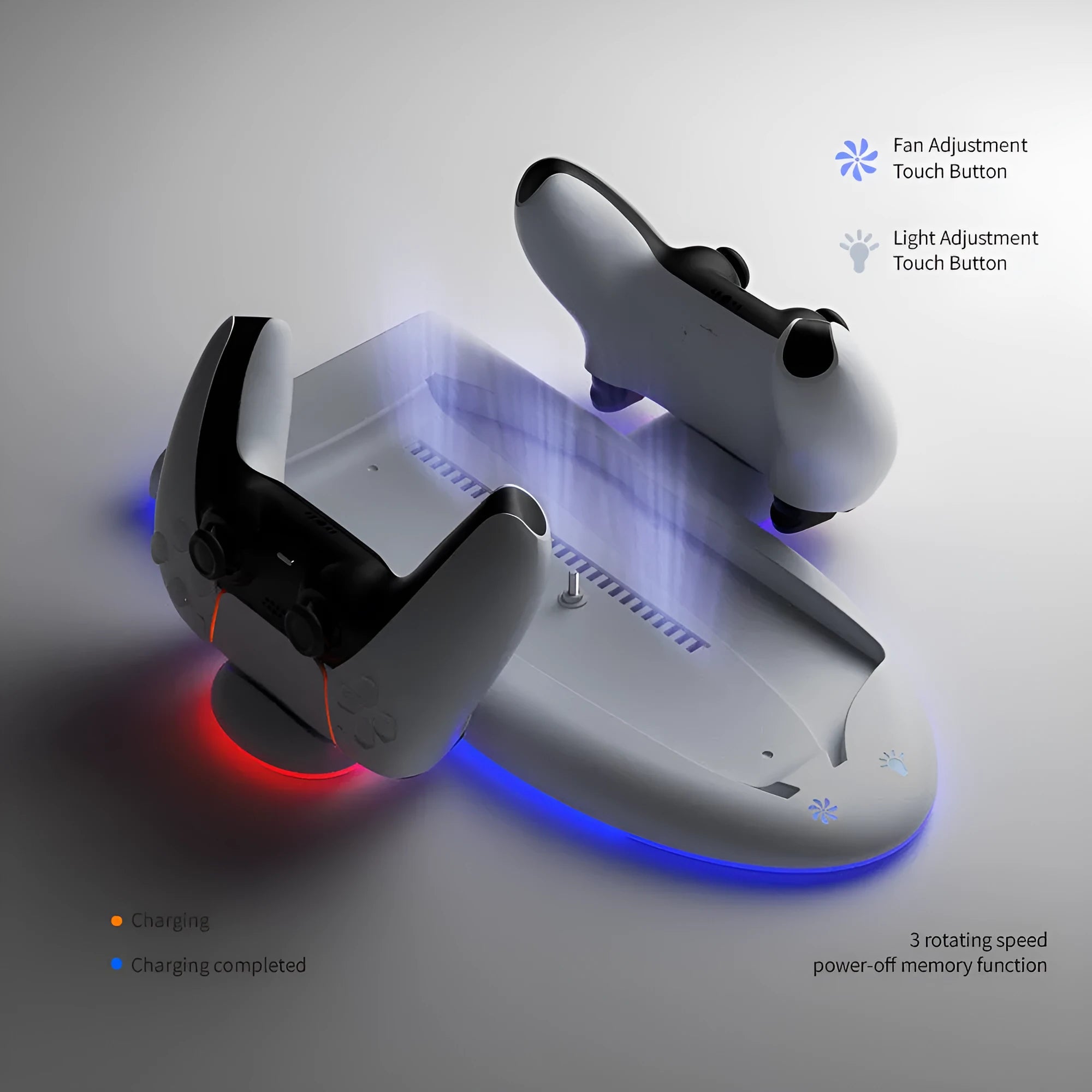 White PS5 Slim multifunction charging base with cooling fan, controller dock, and RGB lights.
