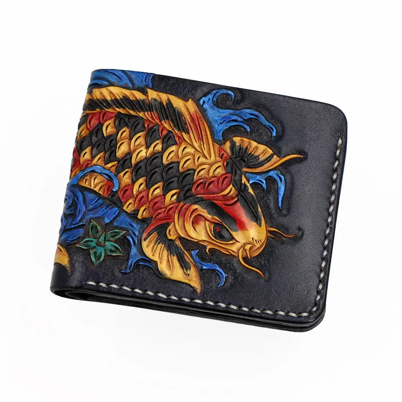 Handcrafted red cow leather men's short wallet with open closure, shown next to a blue and gold version.