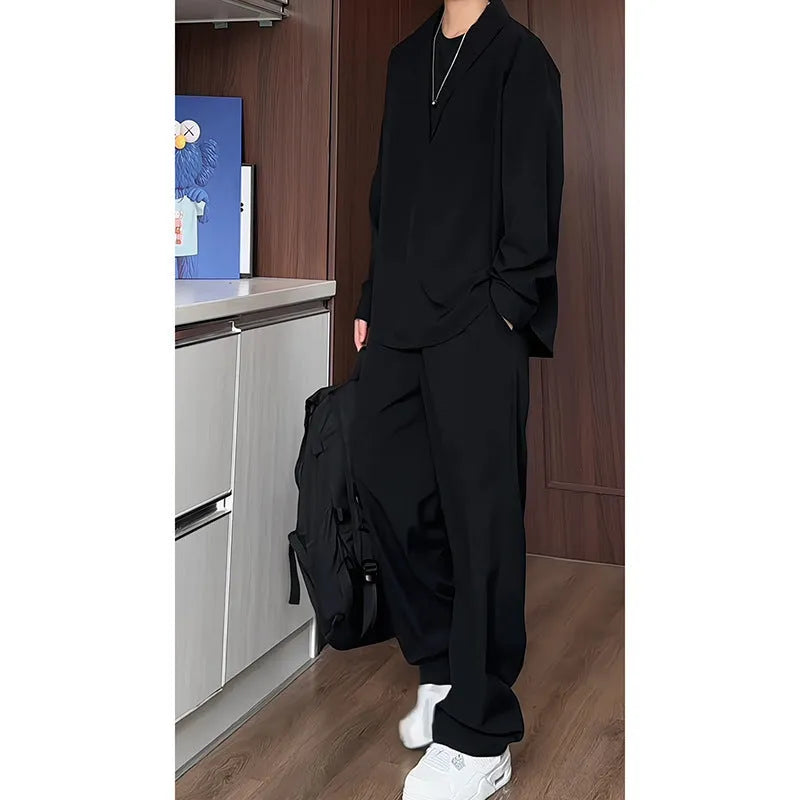Men's black hemp polo shirt and trousers two-piece casual suit in slim fit