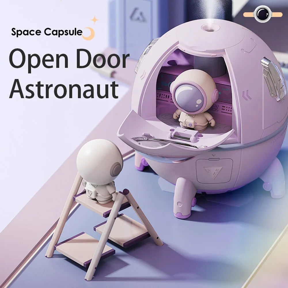 Astronaut-themed USB desktop humidifier with colourful LED base and compact 110mm design