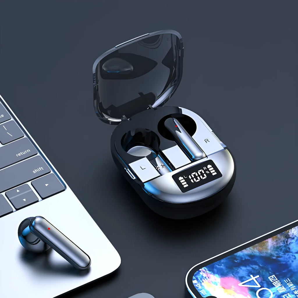Black wireless Bluetooth in-ear headset with charging bin showing digital display screen