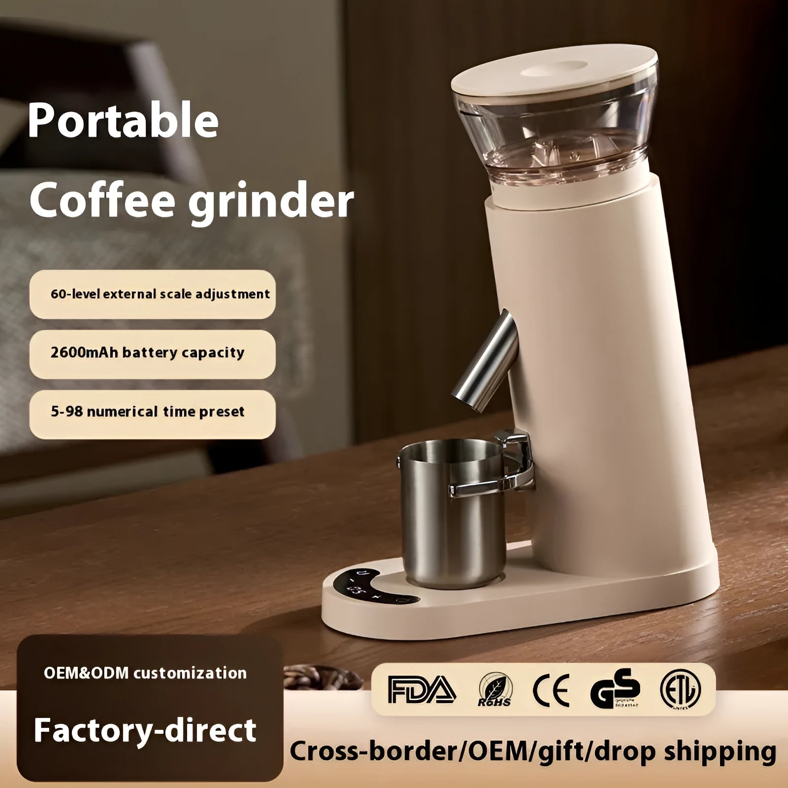 Portable automatic coffee grinder with stainless steel body in beige or black colour options