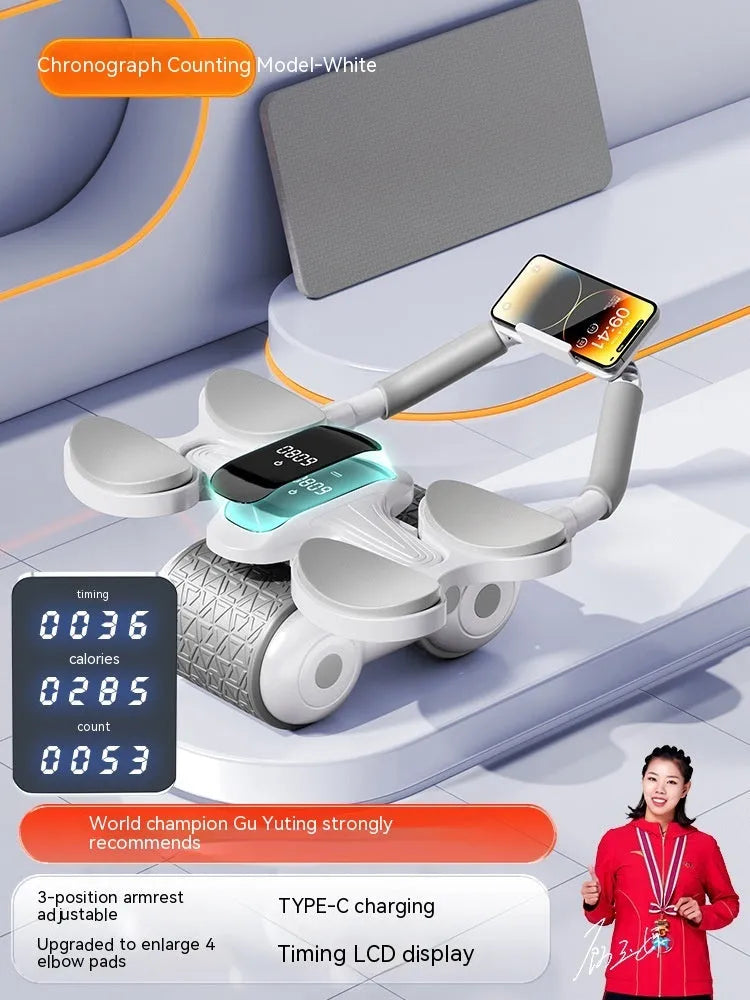 White belly contracting and rolling fitness equipment with LED timing and calorie counting screen
