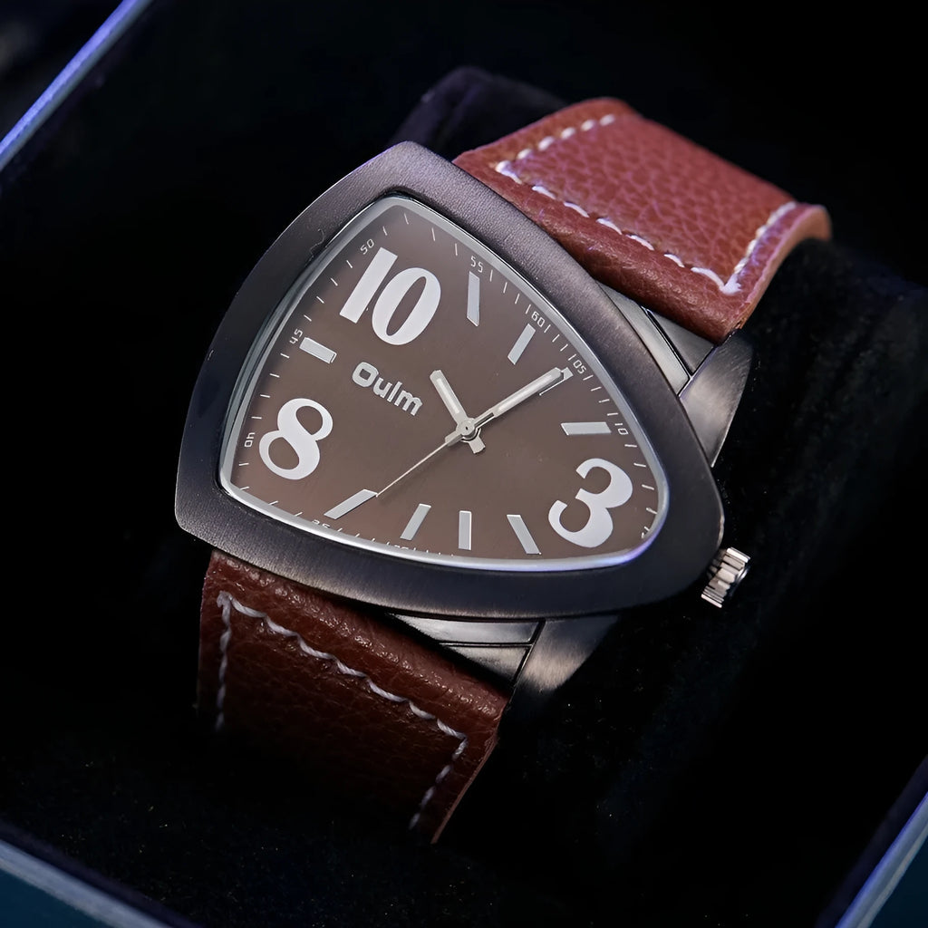 Men's casual triangle belt quartz watch showing the distinct strap design and 9mm profile.