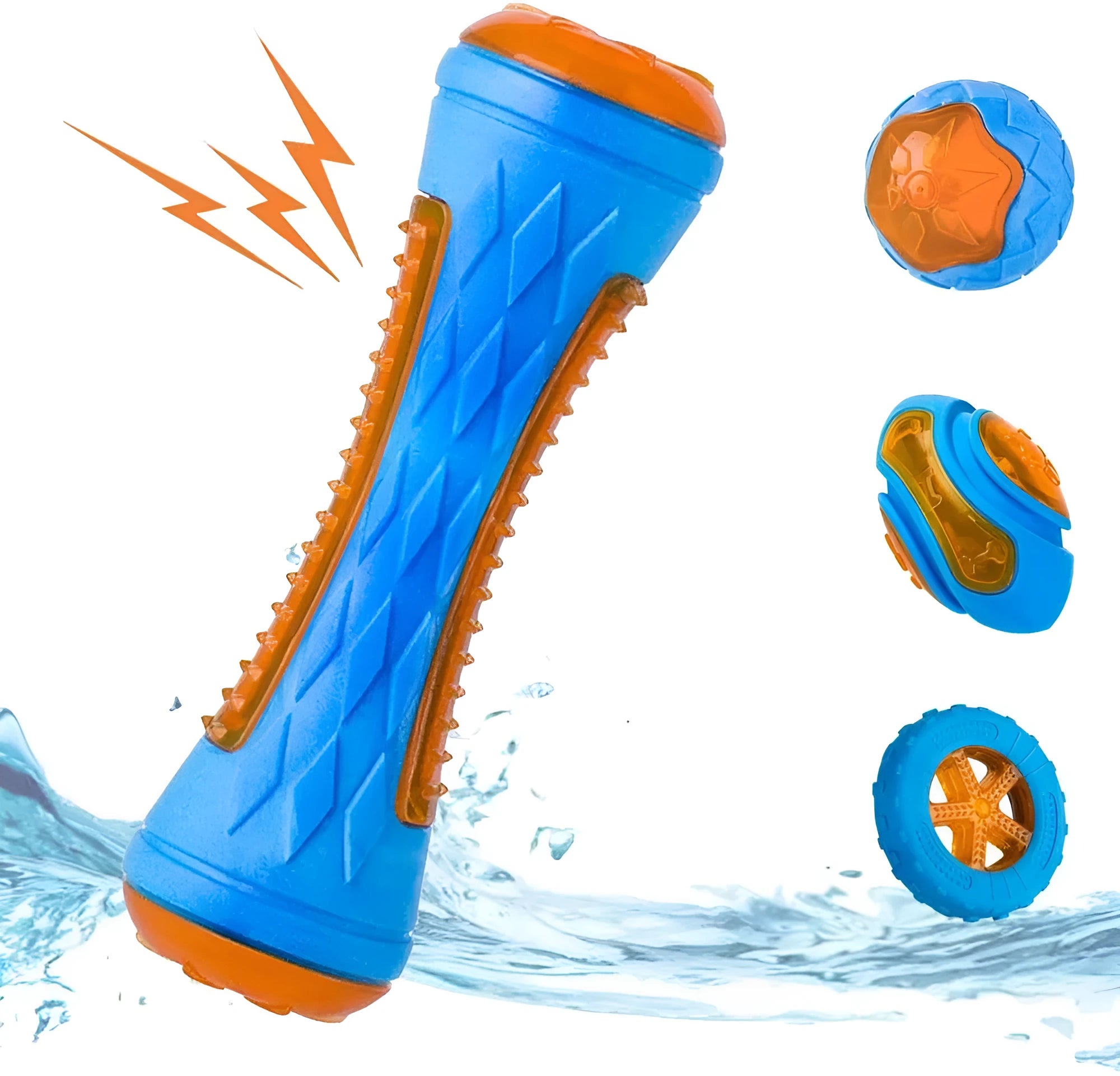 TPR dog toy set with ball, barbell, and tires floating in water