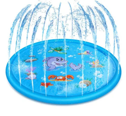 Blue PVC children's water spray mat with marine animal prints connected to garden hose