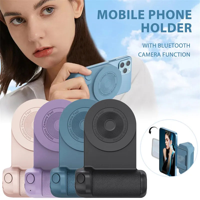 Black multifunctional magnetic phone camera holder with ergonomic PU leather grip on a table.