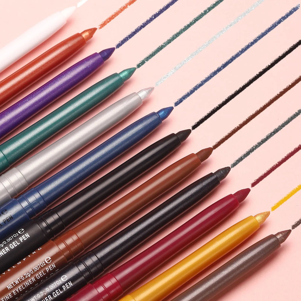 12 colourful gel glitter eyeliner pencils in vibrant shades arranged in a set