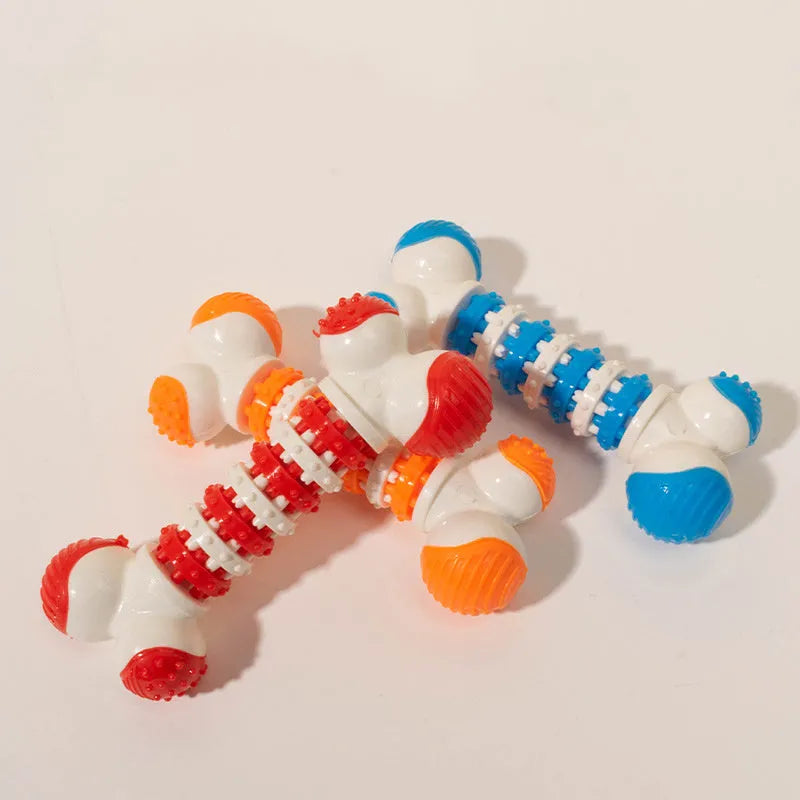 Blue, orange, and red bone-shaped interactive dog chew toy for small breeds with treat holder.