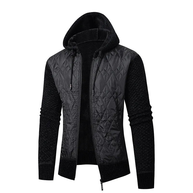 A grey men's hooded corduroy sweater coat with a cinched waist, shown on a hanger.