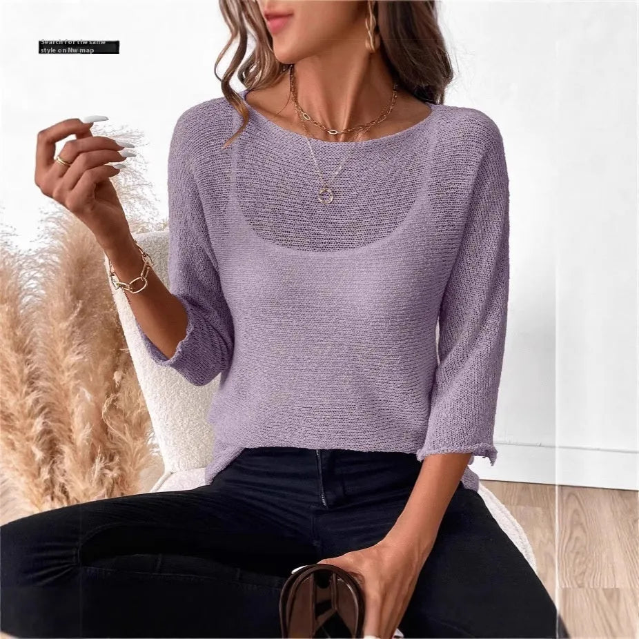 Women's off-shoulder knitted overall in thin polyester fabric with 3/4 sleeves and 3D pattern