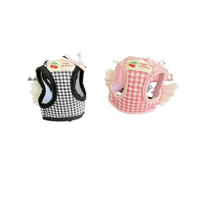 Cotton chest and back harness for small dogs in black and pink colours with adjustable sizing