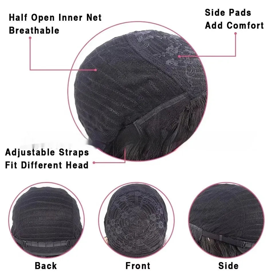 Women's natural colour human hair wig with full lace cap construction showing length options