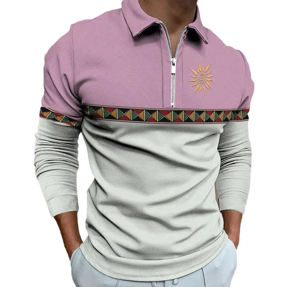 Men's loose long sleeve t-shirt with retro colour stripes and a decorative zipper detail on the front.