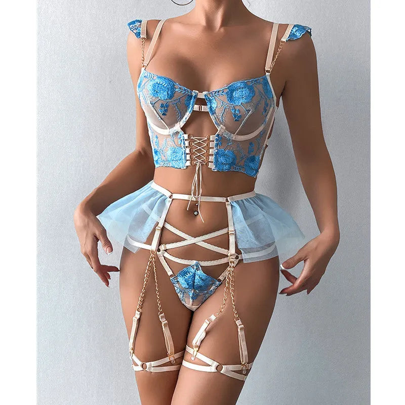 Light blue lace women's push-up bra and pants underwear set on a neutral background