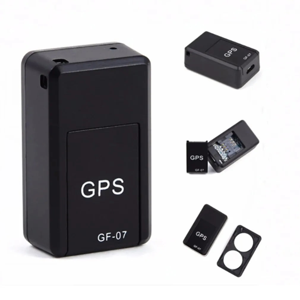 Black plastic mini magnetic GPS car tracker measuring 35×20×14mm with USB charging cable