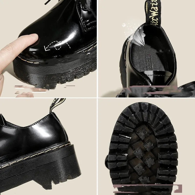 Women's black lace-up shoes with thick TPR sole, ribbon and cross strap details on superfine fibre upper.