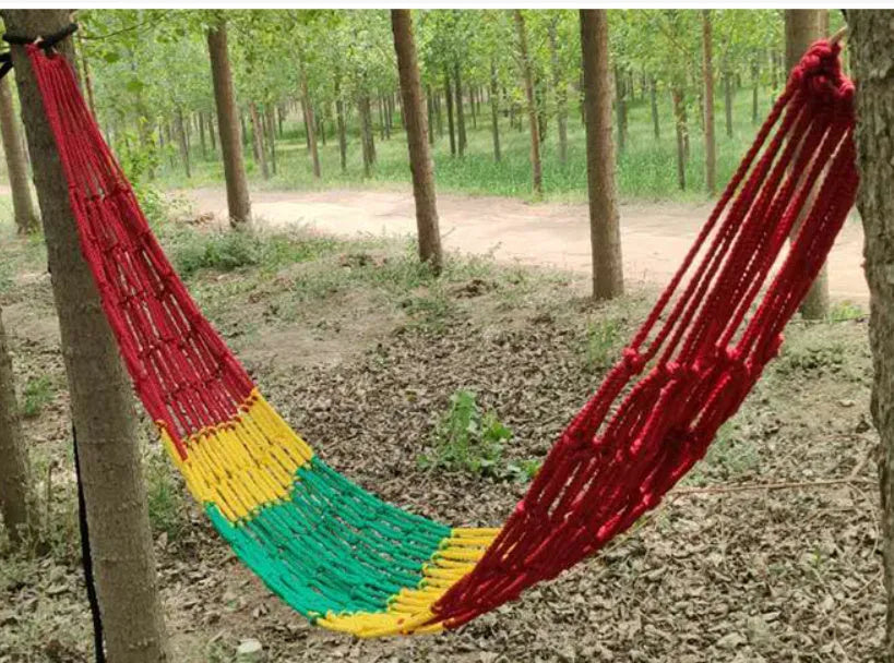 Nylon rope mesh hammock measuring 1.1m wide by 2.1m long with bold pattern design