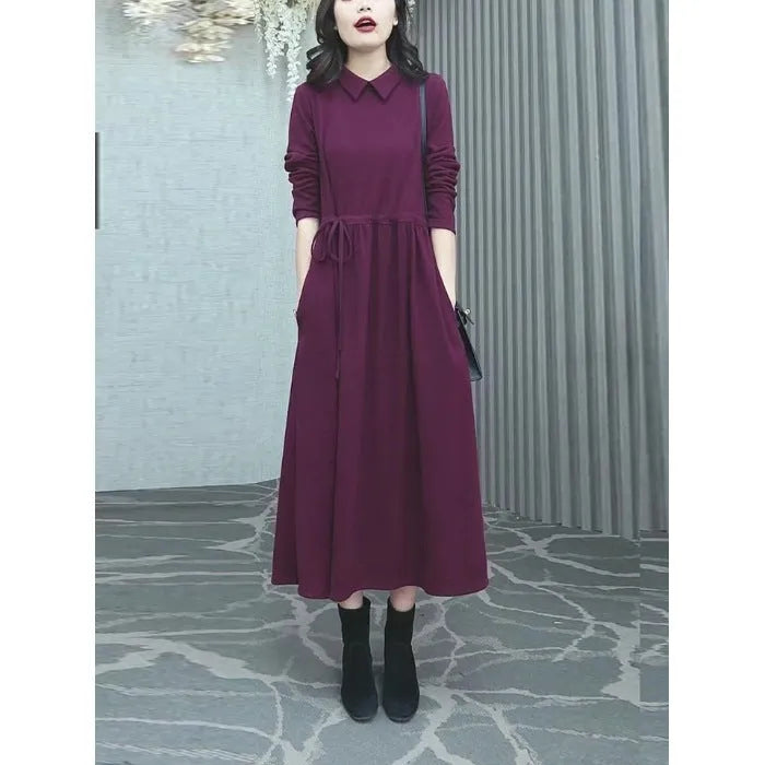 Purplish red plus size women's dress with extra long sleeves and long skirt length