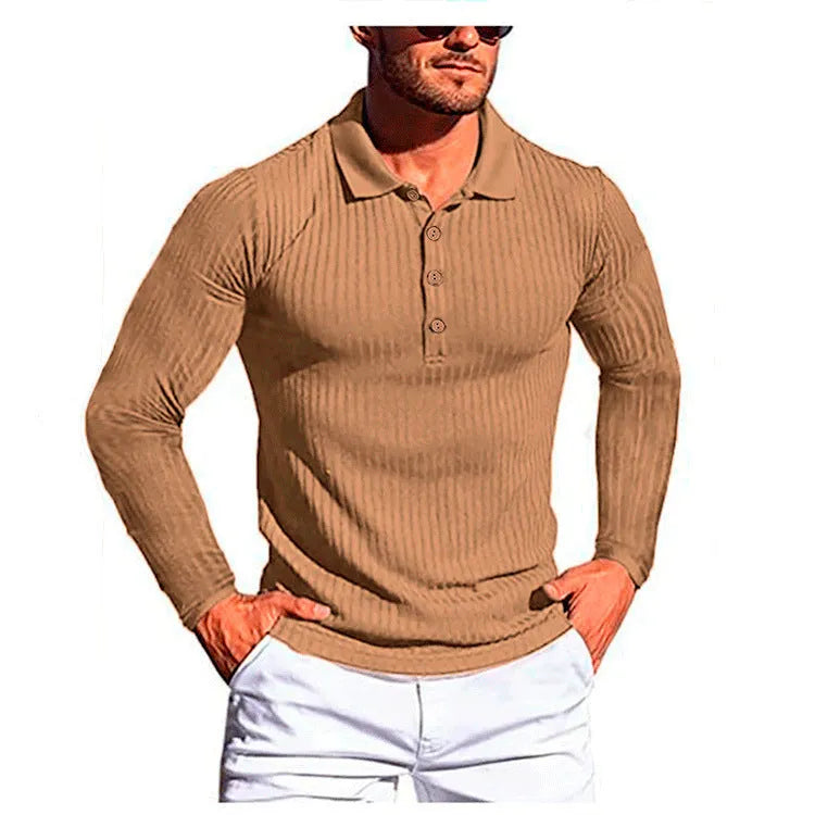 Man wearing a slim fit, striped, short sleeve knit t-shirt in a light colour, showing the elastic fabric.