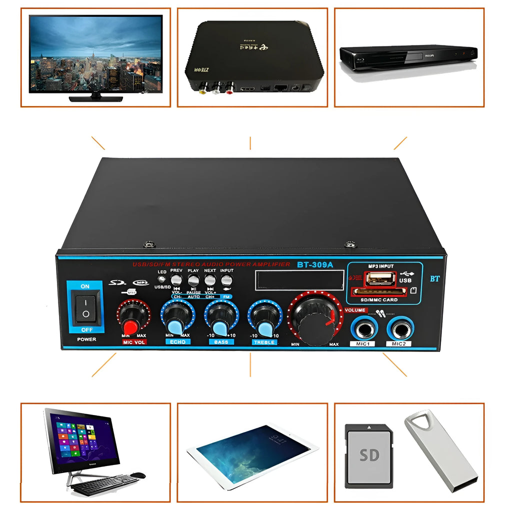 Black dual-purpose Bluetooth power amplifier with remote control on a table