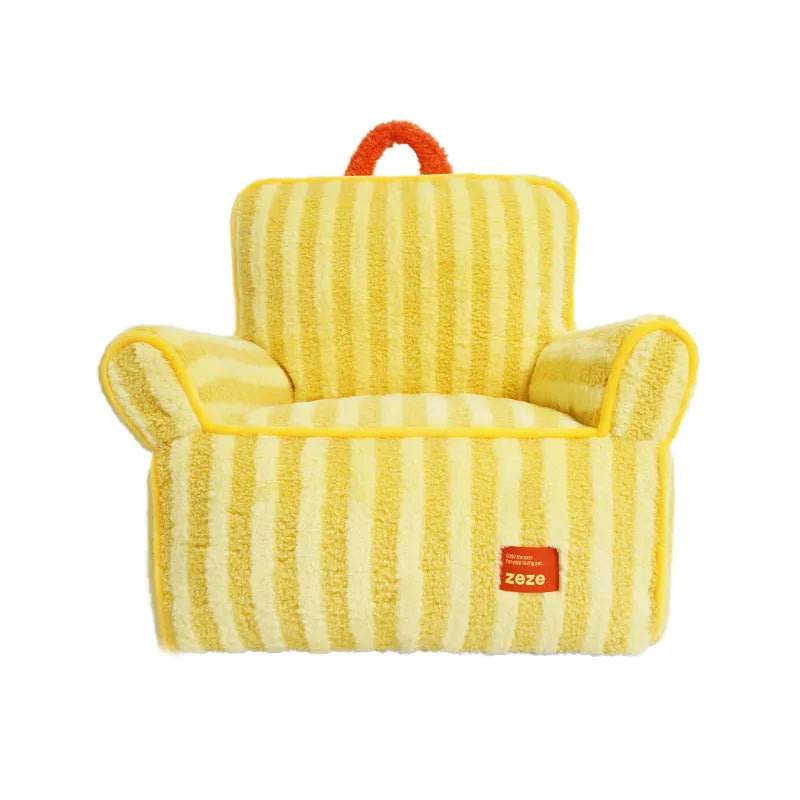 Striped soft velvet pet bed with removable cover in yellow, orange, and purple colour options.
