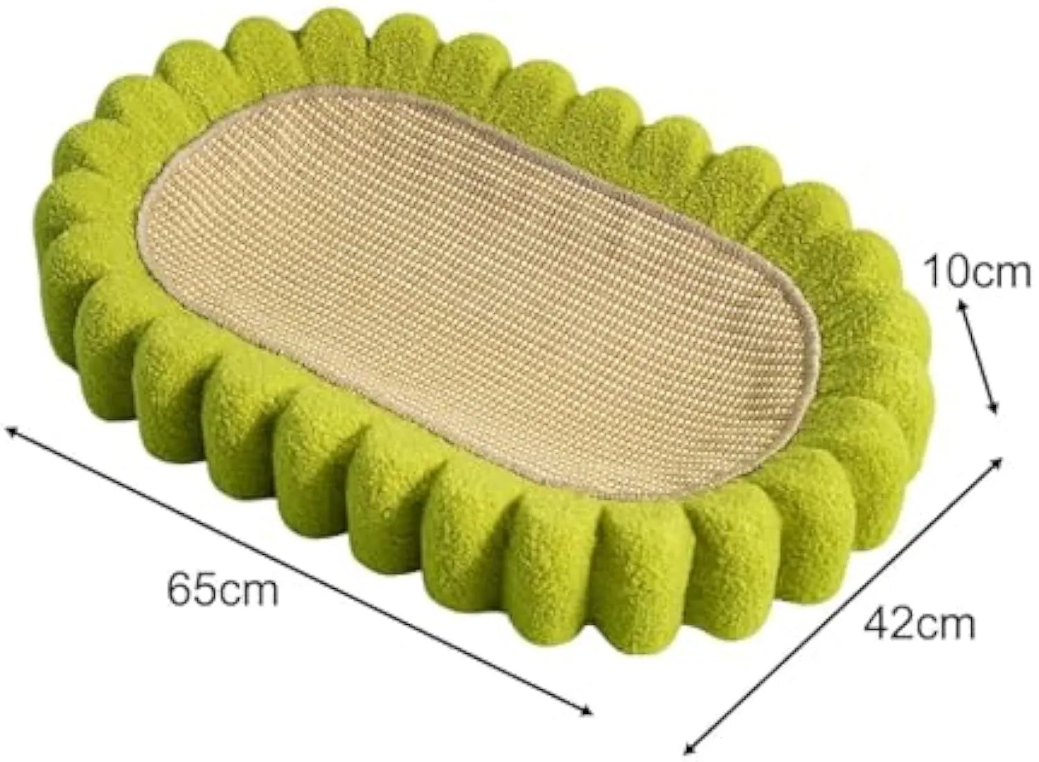 Green oval cat scratch pad bowl with sisal scratching surface measuring 650mm