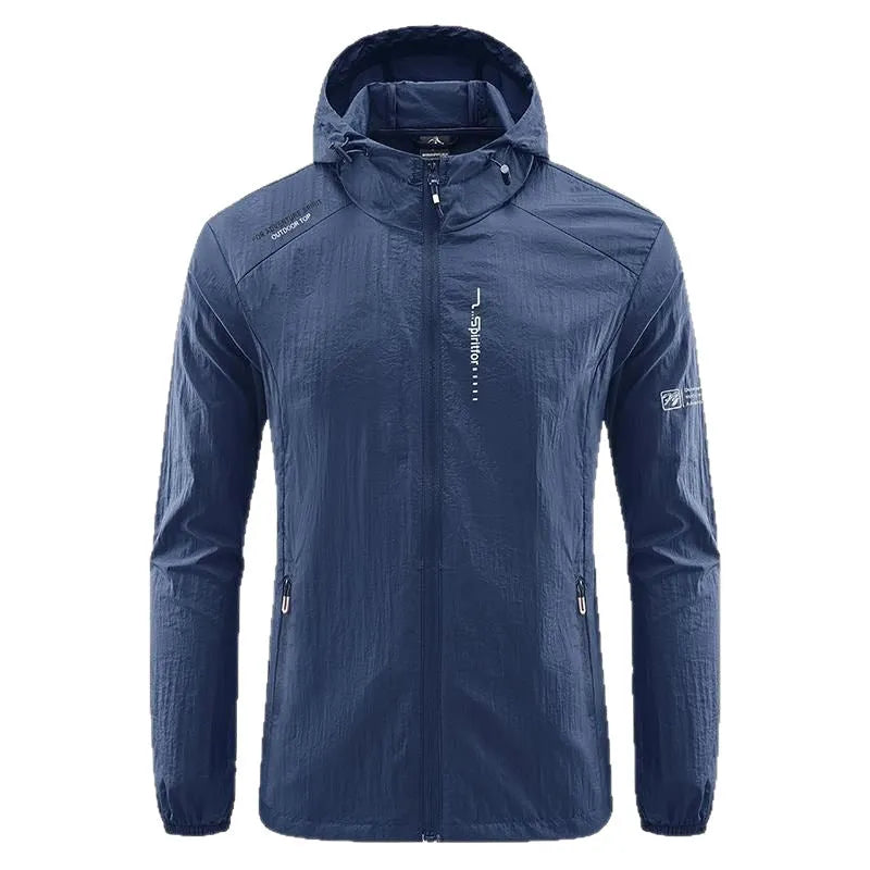 Men's thin nylon hooded summer top in light grey on a hanger