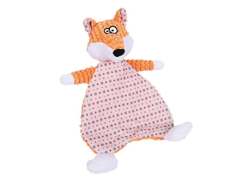 Brown and orange soft velvet pet stuffed toys shaped as an elephant and a fox for cats and dogs.