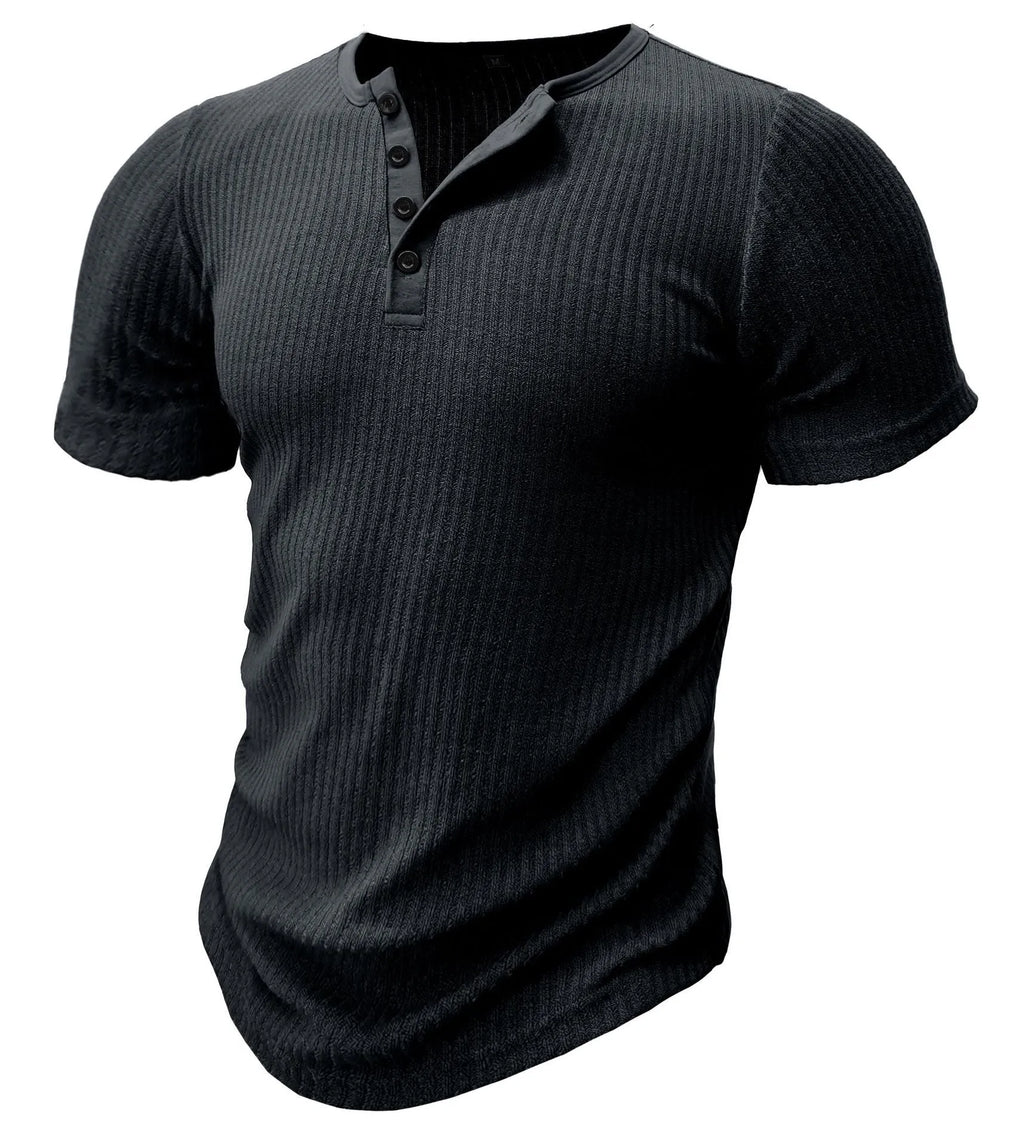 Men's slim-fit solid colour sports muscle T-shirt on a hanger, shown in khaki.