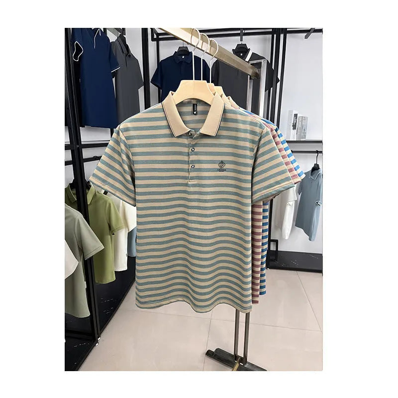 Men's striped casual short sleeve t-shirt in mosaic pattern available in red, blue, or green colours