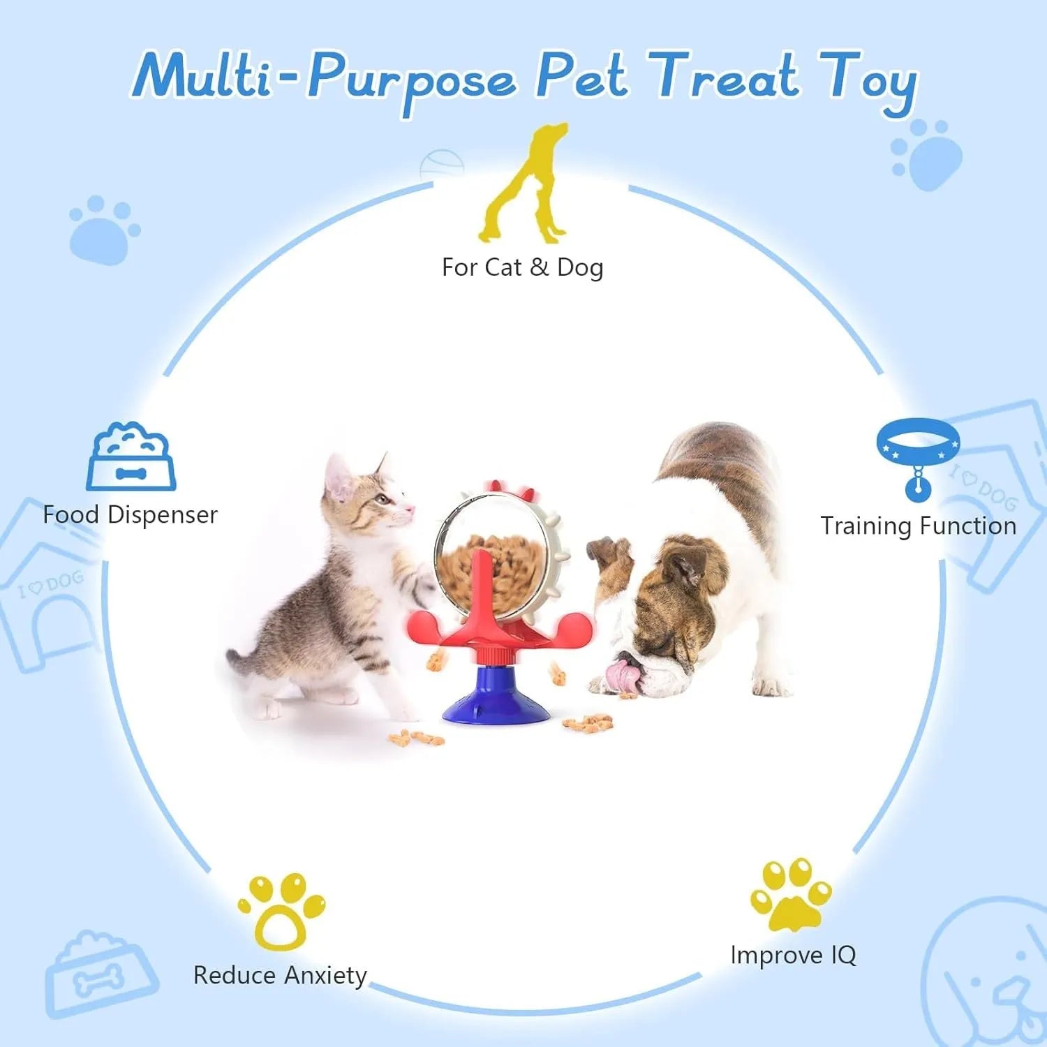 Blue interactive pet puzzle toy with spinner and suction cup base for cats and small dogs.
