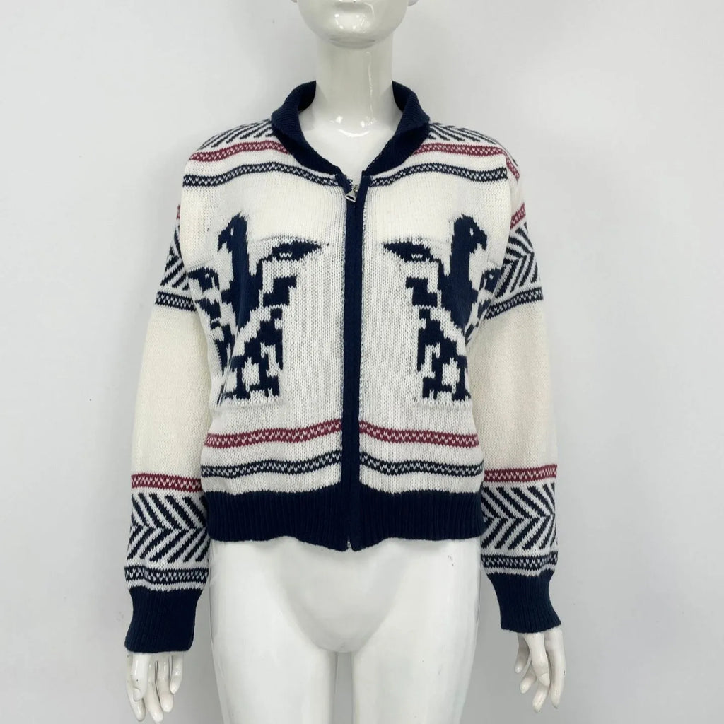 White women's zip-front cardigan sweater with contrast stripe pattern and lapel collar.