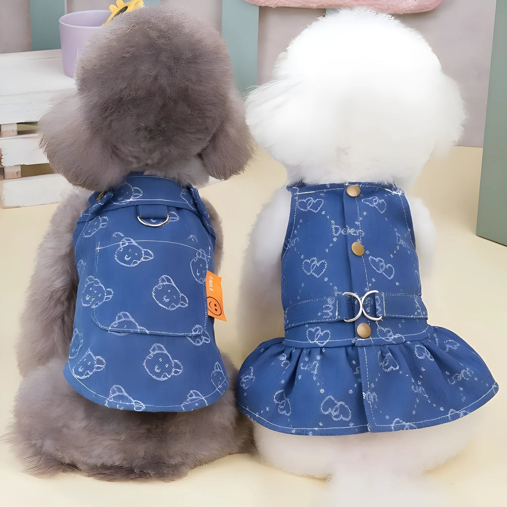 Small dog wearing thin denim princess dress with bracket skirt design for spring or autumn weather