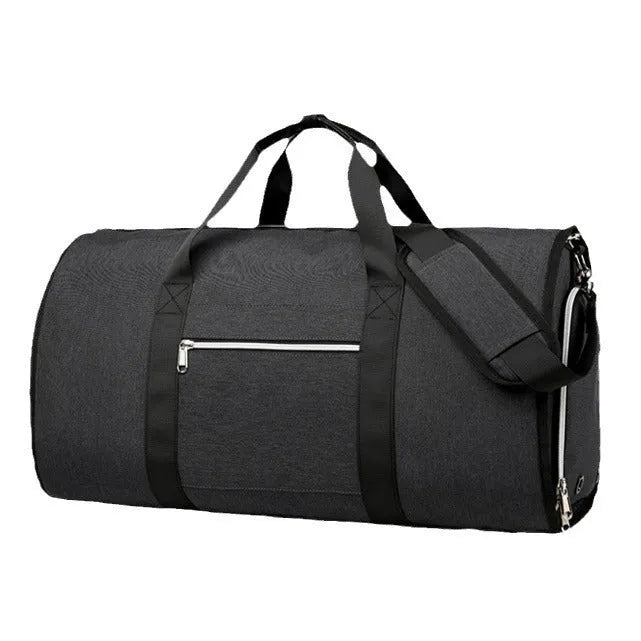 Grey waterproof oxford cloth sports bag with expansion feature and organisational compartments