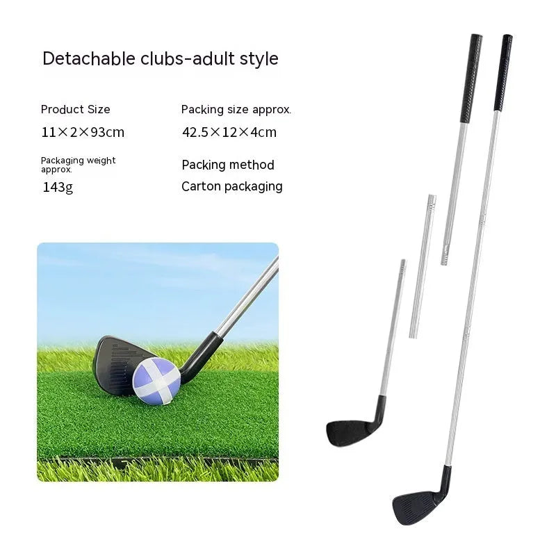 Metal golf club set showing adult and children's clubs for backyard practice
