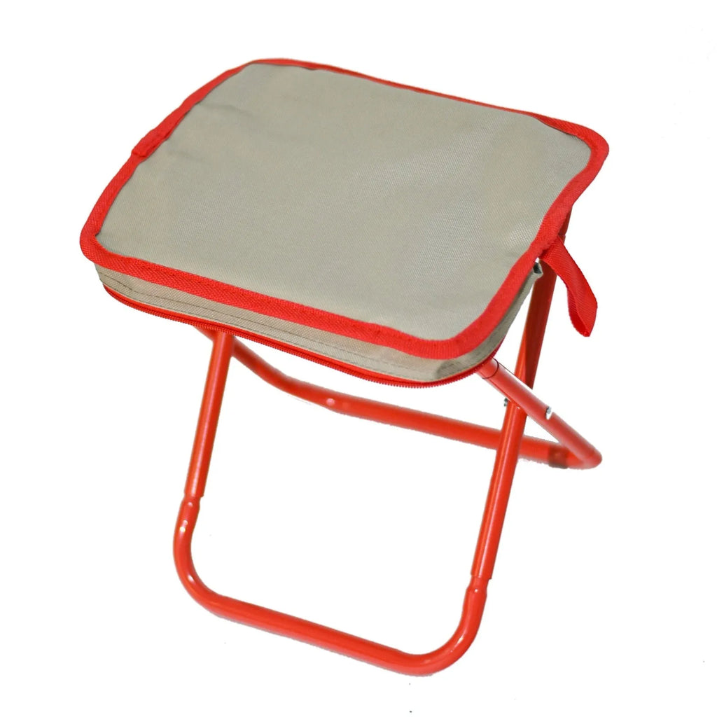 Foldable camp stool in pencil box design with oxford cloth construction shown in khaki colour