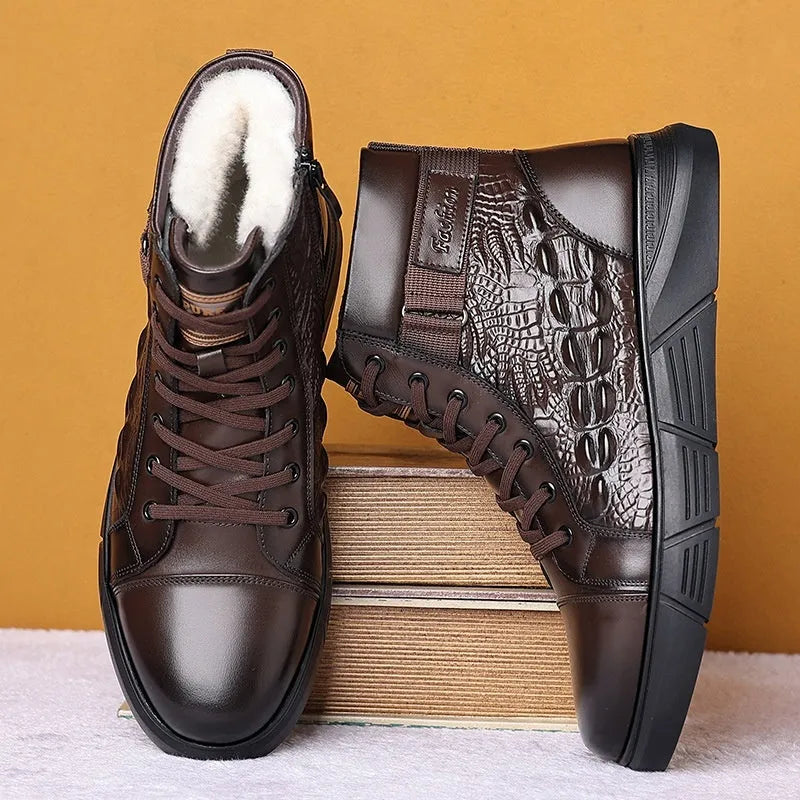 Black velvet style fur-lined snow boots with genuine leather upper and lace-up front design