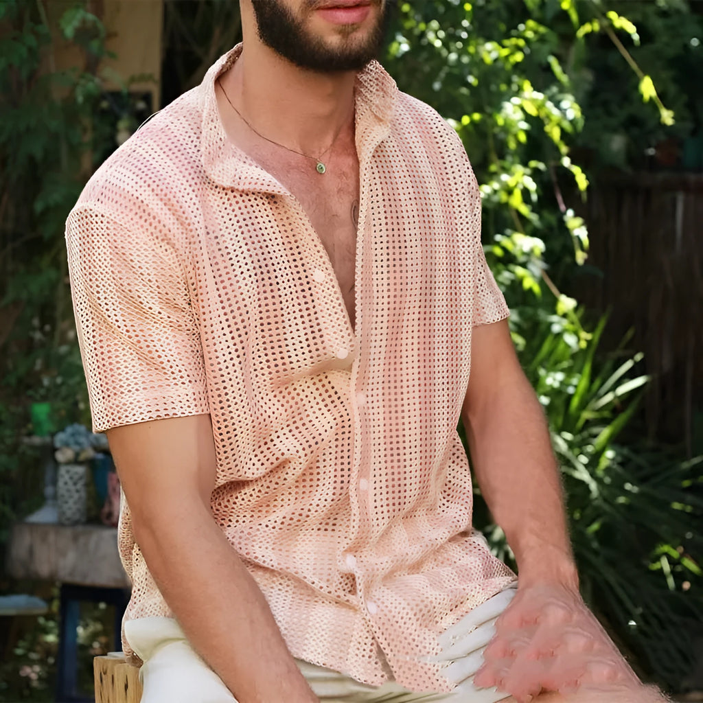 Men's pink waffle texture summer shirt in loose fit cardigan style